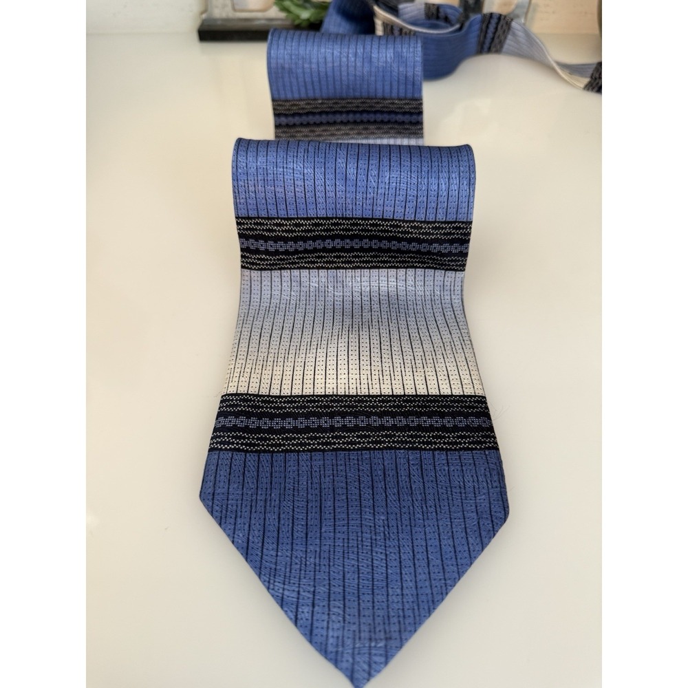 Steven Land 100% Silk Neck Tie Blue Gray‎ Black Striped Wide Handcrafted Korea